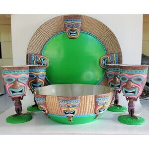 TIKI Serving Lg Platter,Bowl, 4 Goblets Set Polynesian Hawaiian Tropical Island